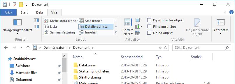 Gruppen Layout på fliken Visa. Välj visningssätt Mappar och filer kan visas på flera olika sätt i Utforskaren. Klicka på fliken Visa och välj i gruppen Layout.