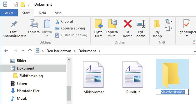 4. Skriv det namn du vill ge mappen och tryck Enter. Det namn som redan finns försvinner när du börjar skriva. Windows föreslår namn. När du börjar skriva försvinner det.