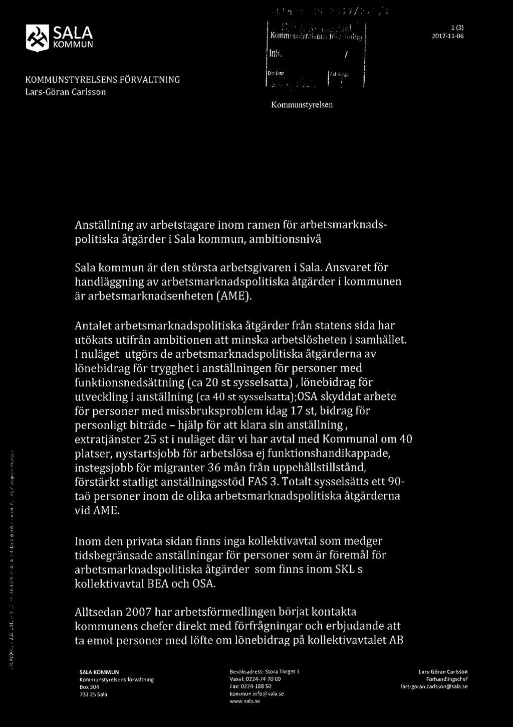 SALAIUOU, *: J.G. :Ullnl r'fi U. & SALA KOMMUN H "*.-Anställning av ai'b (Mål. utgaf E IP.-"HT! r; 1mm: fl)? nllhiwiliifk ned-..och :F.! ll 'I F} ':)?. i»; ] 7 f! l/ ] ;!