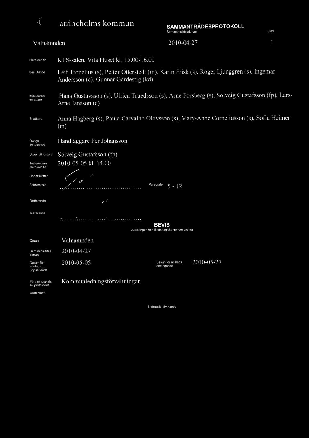 "7v1l'l7 _~ IZatrinehol111s k0111111ul1 " Sammantradesdatum Valnämnden 20 i 0-04-27 Plats och tid Beslutande KTS-salen, Vita Huset kl.