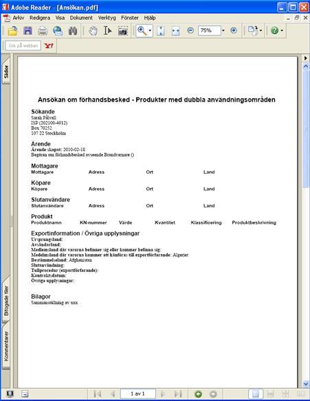 7(7) Exemplet ovan visar den pdf-fil som sammanställer det ärende som skickats in.