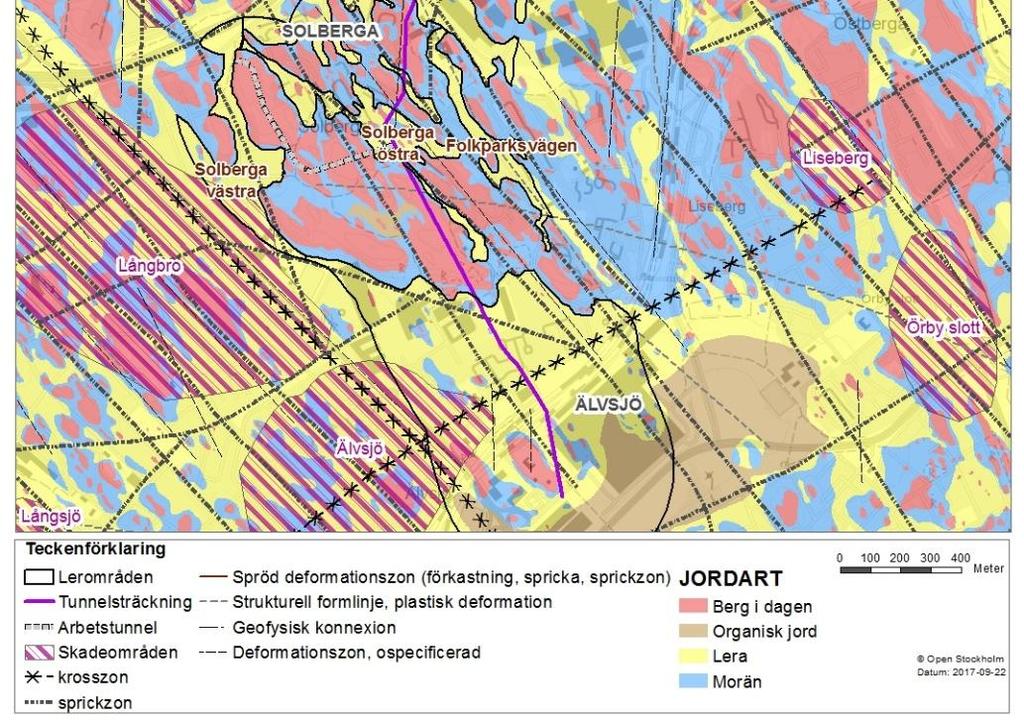 I området runt Älvsjömässan finns enstaka mindre områden med berghällar. Berggrunden består till större delen av kvarts-fältspatrik sedimentär bergart (sandsten, gråvacka m.m.; SGU berggrundskarta).