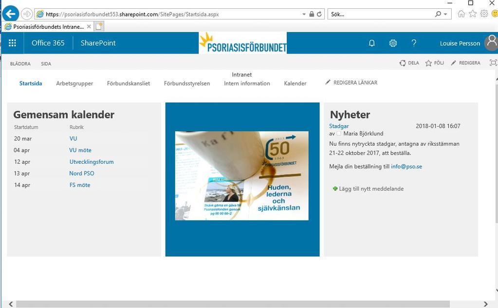 Alternativt om man klickar på symbolen uppe till höger så fälls en ruta ut det är en alternativ vy för översikten och är bra att kunna använda när man är inne på Outlook eller Sharepoint.