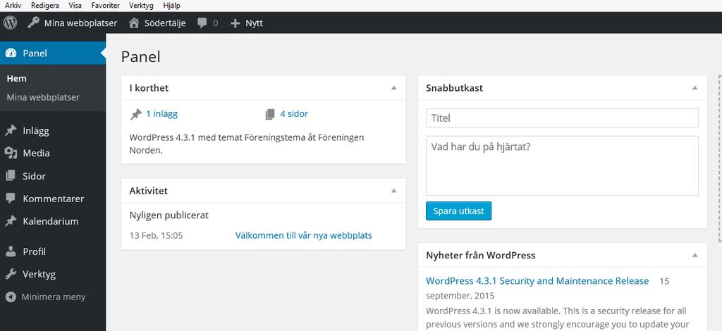 Logga in För att logga in, skriv in din hemsideadress, följt av /wp-admin. Wp står för Word Press. Exempel: http://sodertalje.norden.se/wp-admin/ Logga in med användarnamn och lösenord.