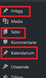 Översikt av sidan Toppmenyn Du kan navigera dig mellan de olika sidorna genom att klicka på knapparna överst på sidan. Om du hanterar fler än en sida hittar du dessa under Mina webbplatser.