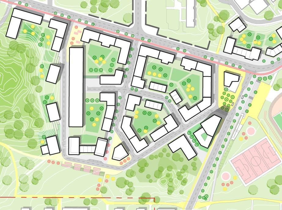 Varutransporter tillhörande skolan hanteras öster därom i separat zon intill Vårbergsvägen.