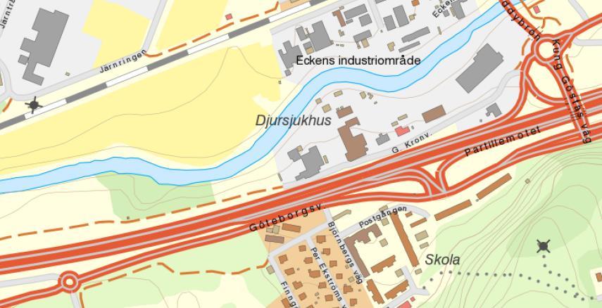 FINNGÖSA - PM ALTERNATIVSTUDIE Finngösabäcken Figur 1 Översiktskarta utredningsområde ( Lantmäteriet, Geodatasamverkan). På släntkrön, norr om och parallellt med, löper en GC-väg.