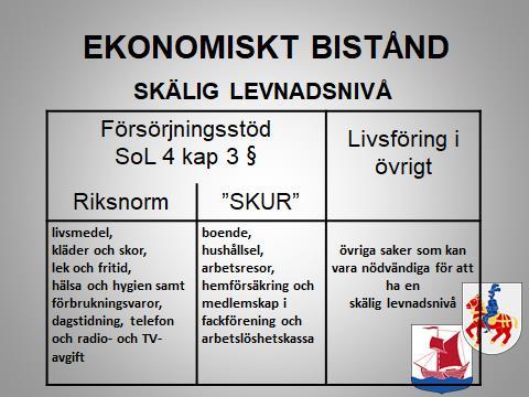 VARA NÖDVÄNDIGT FÖR ATT HA EN SKÄLIG LEVNADSNIVÅ SoL 4 kap. Rätten till bistånd 3 Försörjningsstöd lämnas för skäliga kostnader för 1.