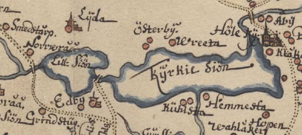 Figur 2. Området runt Kyrksjön och Lillsjön år 1678.