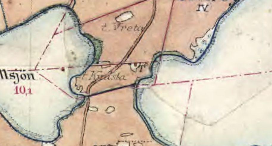 Figur 4. Karta från sent 1800-tal, med torpet markerat med ett T. Karta ur Lantmäteriets historiska kartarkiv, akt.nr J112-67-12 (beskuren).