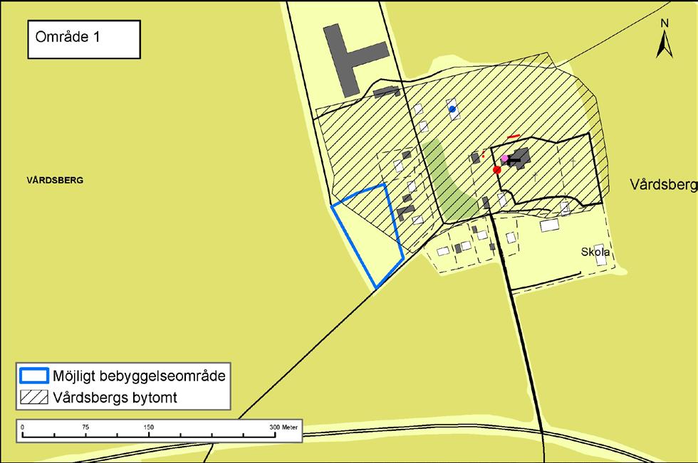 10 Arkeologisk specialinventering Område Vårdsberg Resultat Område 1 Området utgörs idag av hagmark i utkanten av Vårdsbergs by, och ingår i riksintresseområdet Vårdsberg-Landeryd.