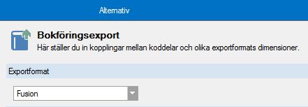 BOKFÖRINGSEXPORTFORMAT FUSION Fusion finns nu som exportformat. Inställningar för detta görs under Inställningar-Alternativ, fliken Bokföringsexport.