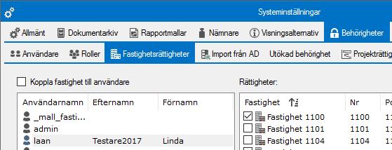 Fastigheterna i rutan Rättigheter har kompletterats med flera kolumner för att kunna sortera på t ex Ägare och Värdenycklar.