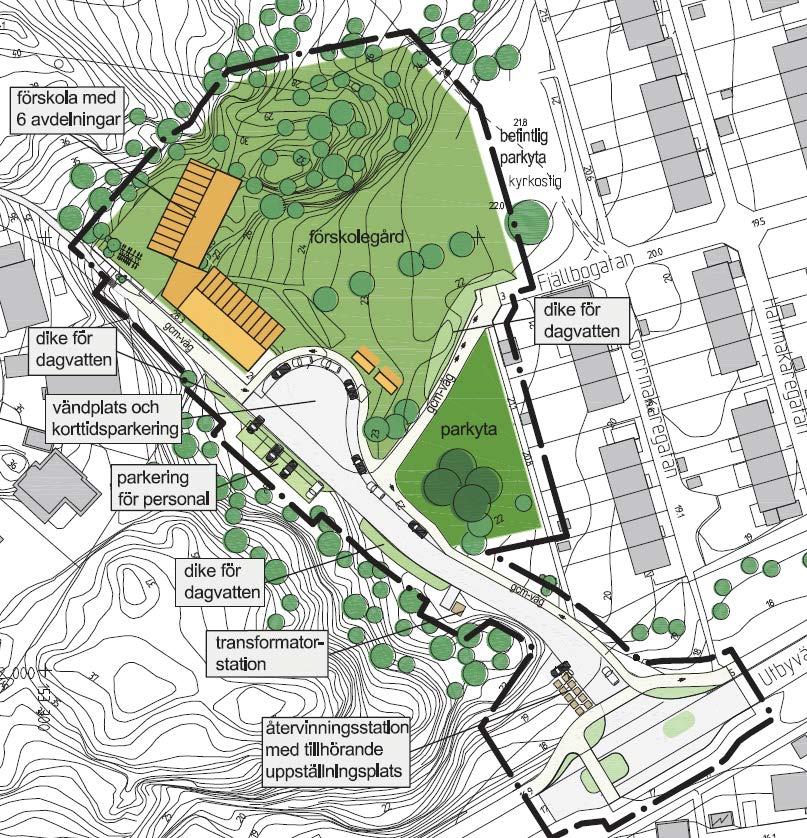 3. Framtida förhållanden 3.1 Områdesbeskrivning Planen medger utbyggnad av en förskola med 6 avdelningar, en återvinningscentral, en vändplats och parkeringsplatser (bild 5).