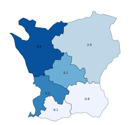 5 13 av Skånes kommuner ökar Bland Skånes kommuner har 13 st en positiv gästnattsutveckling under perioden jan-jul 2018, 10 kommuner backar i antal gästnätter och bortfallet motsvarar 10 kommuner som