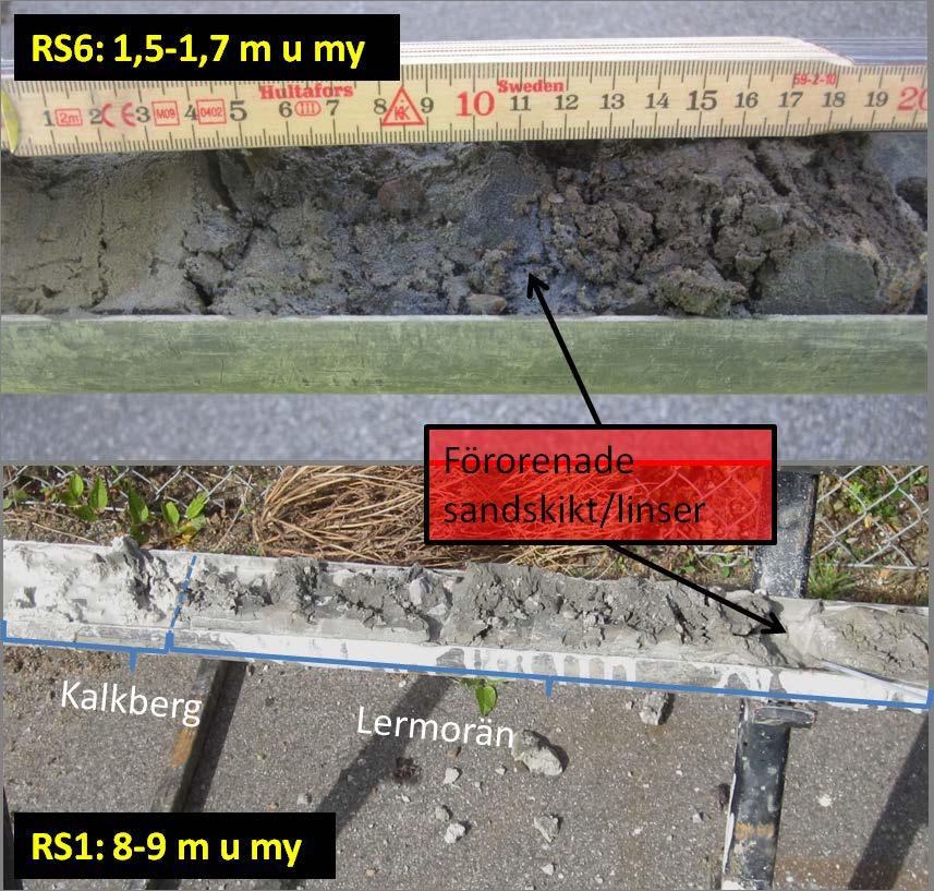 Trelleborgs kommun Sida 14 av 20 811-035 I Figur 10 nedan visas exempel på delar av två borrkärnor där tjärföroreningar påvisats. Figur 10. Exempel på jordkärnor från kärnborrningen.