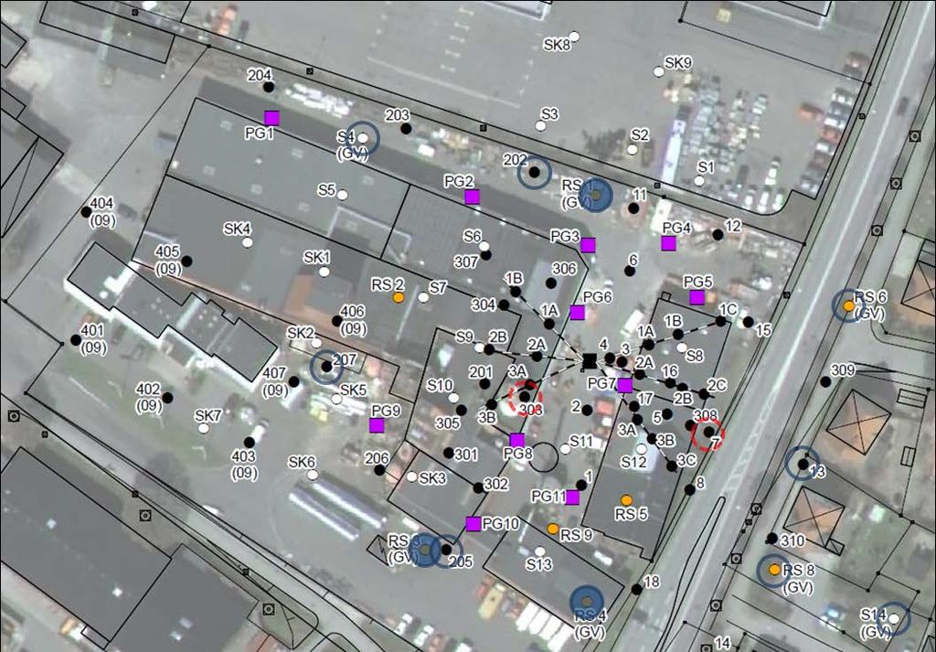 Trelleborgs kommun Sida 17 av 20 811-035 Figur 11. Översikt provtagningspunkter. Grundvattenrör som provtogs under oktober månad är markerade med blå cirklar.