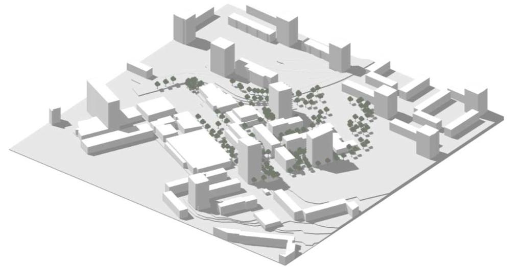 3-dimensionell bild av hur strukturen för kv Branddörren 2 följer den befintliga i Högdalen.