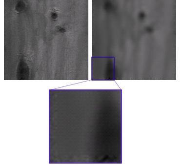 Figur 3.2 Exempel på filtrering (smoothing). Originalbild till vänster överst, filtrerad bild till höger överst, förstoring nederst.