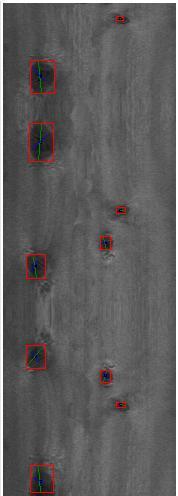 Figur 3.7 Scan funktionen applicerad på en scatterbild. Mätningen av områden är grundad på hur kvistarna mäts och utgår från masscentrum i området.