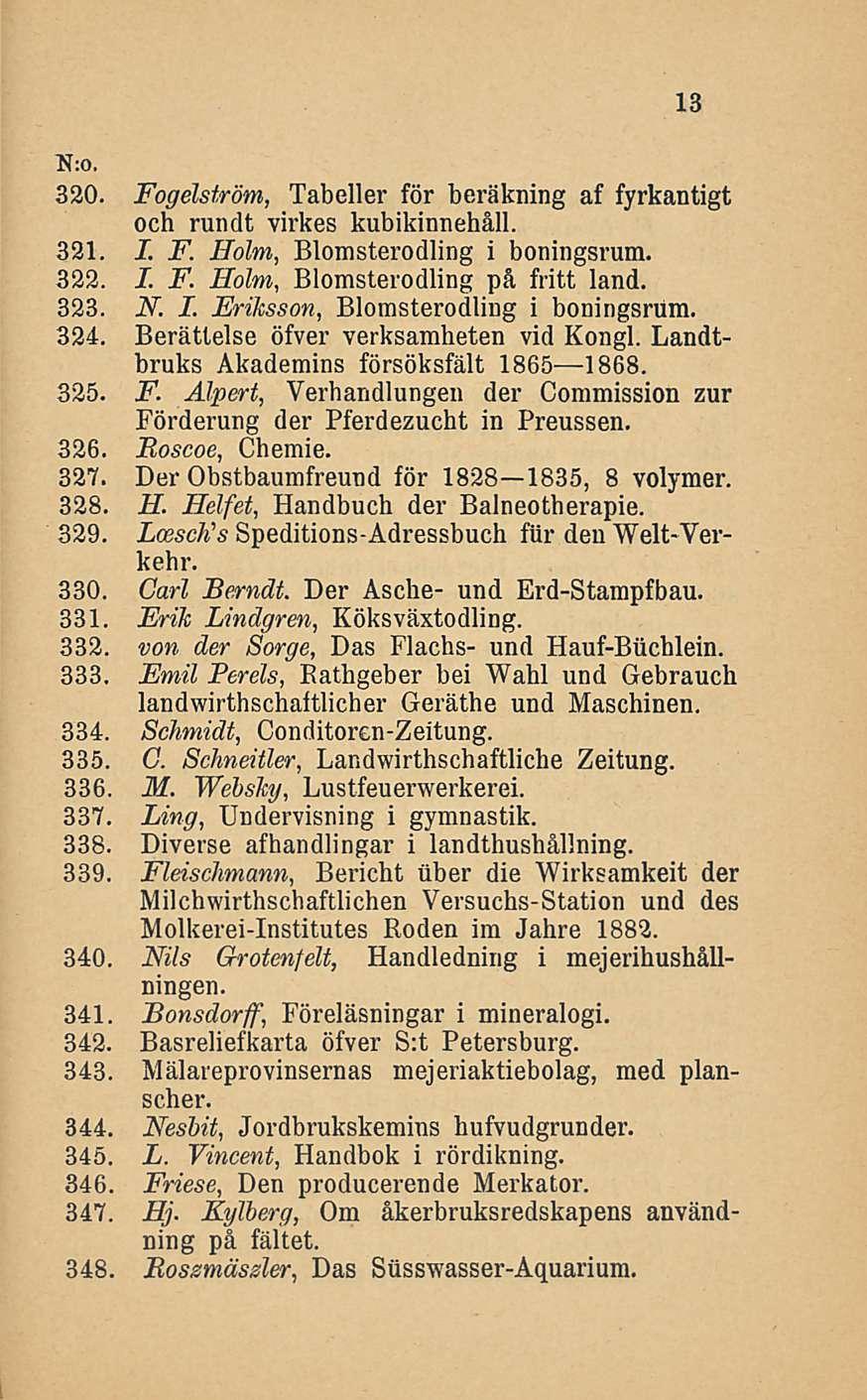 13 320. Fogelström, Tabeller för beräkning af fyrkantigt och rundt virkes kubikinnehåll. 321. I. F. Holm, Blomsterodling i boningsrum. 322. I. F. Holm, Blomsterodling på fritt land. 323. N. I. Eriksson, Blomsterodling i boningsrum.