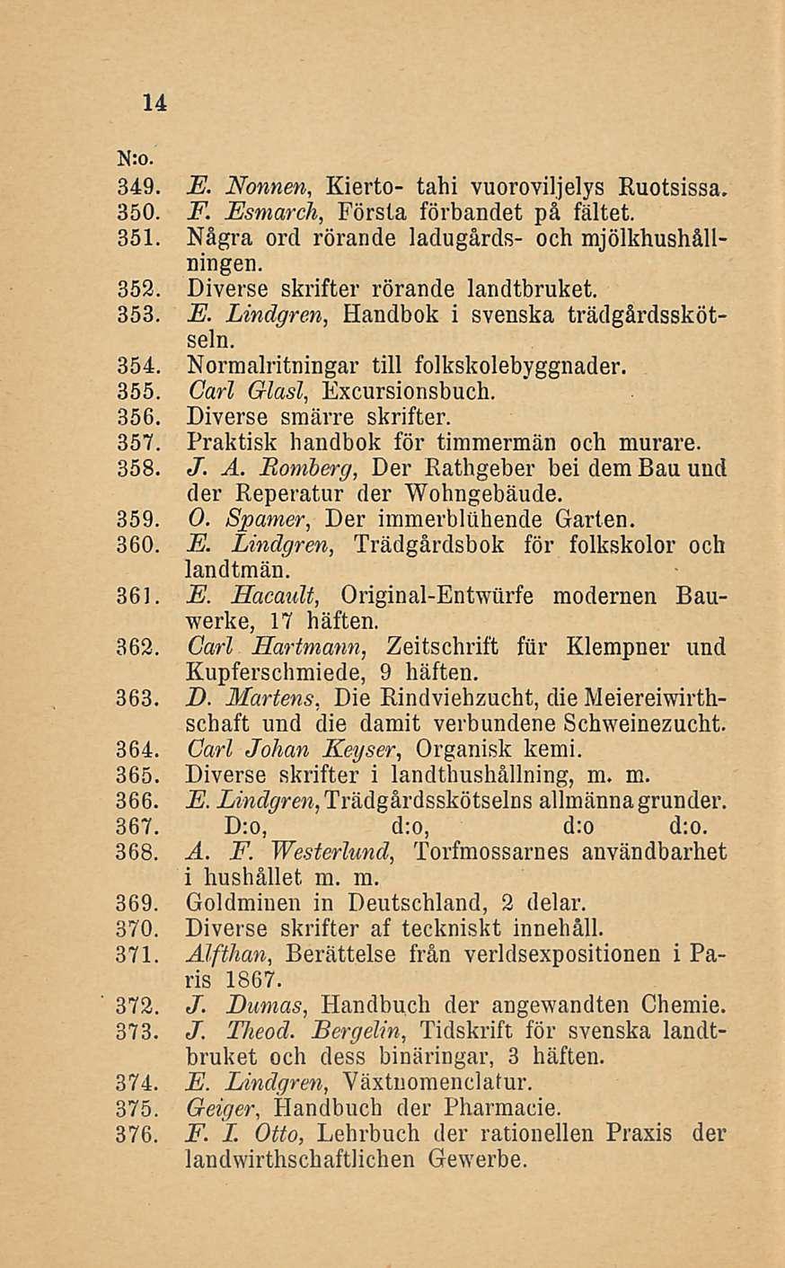 14 349. E. Nonnen, Kierto- tahi vuoroviljelys Ruotsissa. 350. F. Esmarch, Första förbandet på fältet. 351. Några ord rörande ladugårds- och mjölkhushållningen. 352.