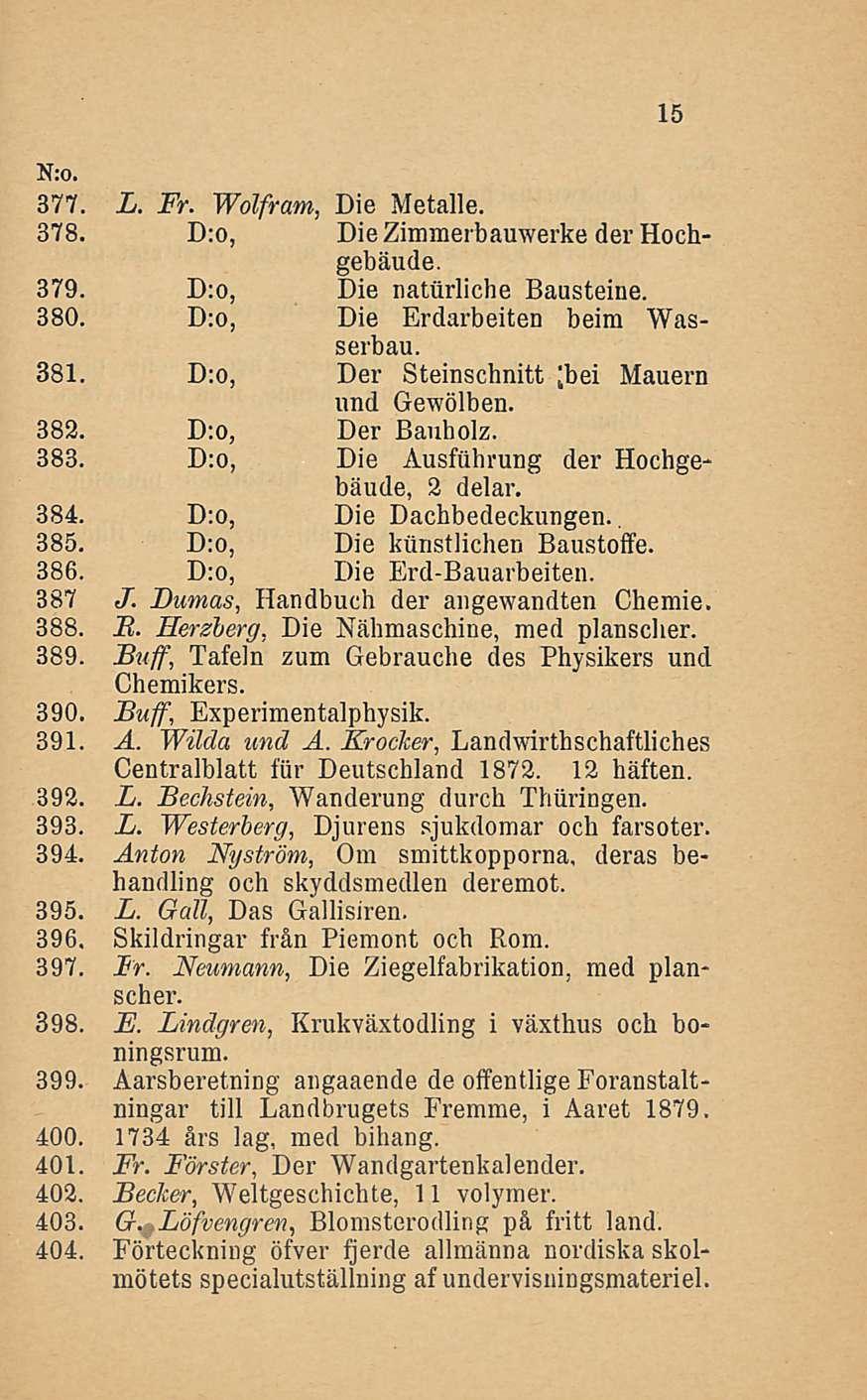 15 377. L. Fr. Wolfram, Die Hetalle. 378. D:o, DieZimmerbauwerke der Hochgebäude. 379. D:o, Die naturliche Bausteine. 380. D:o, Die Erdarbeiten beim Wasserbau. 381.