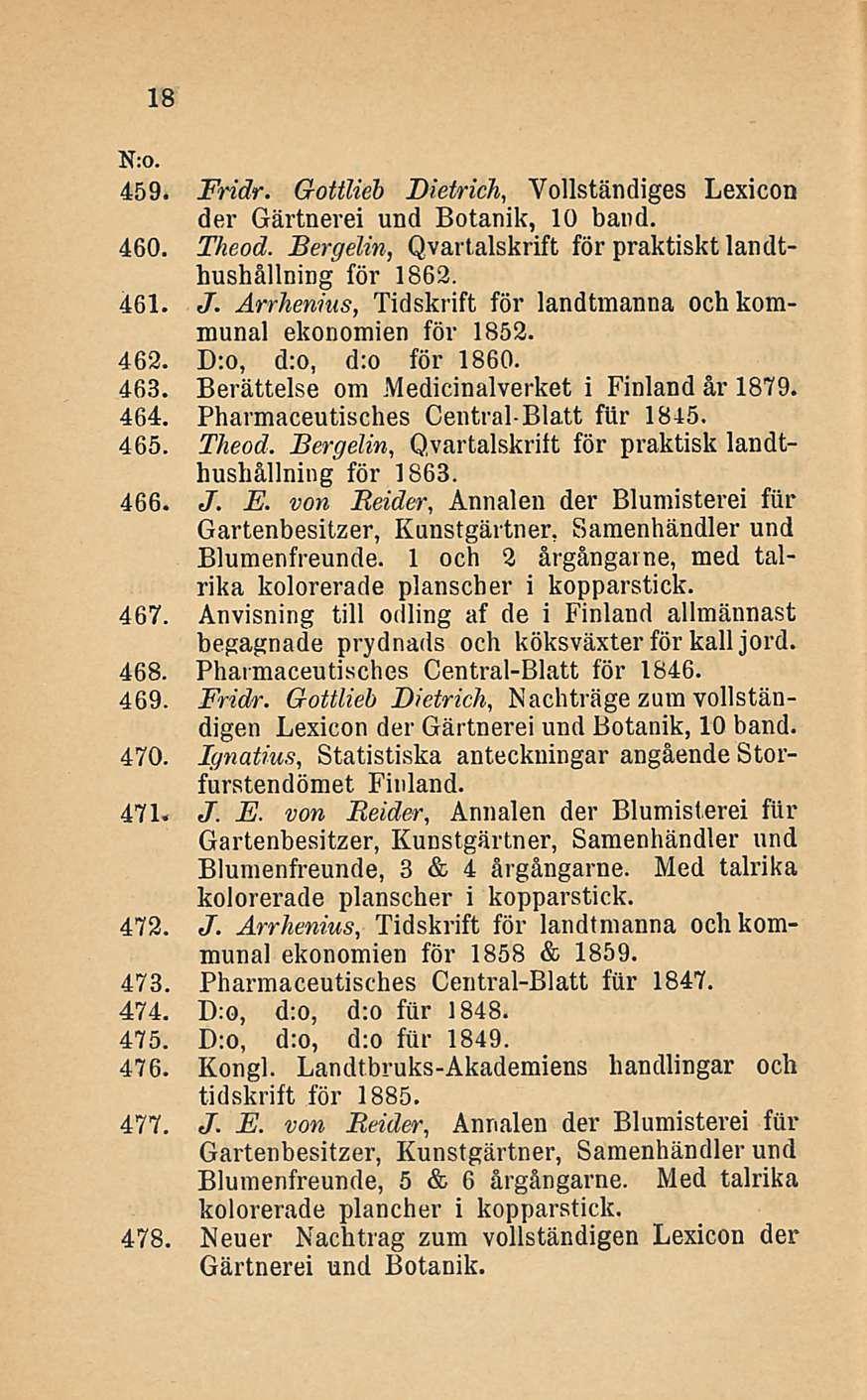 18 N:0. 459. Fridr. Gottlieb Dietrich, Yollständiges Lexicon der Gärtnerei und Botanik, 10 band. 460. Theod. Bergelin, Qvartalskrift för praktiskt landthushållning för 1863. 461. J.
