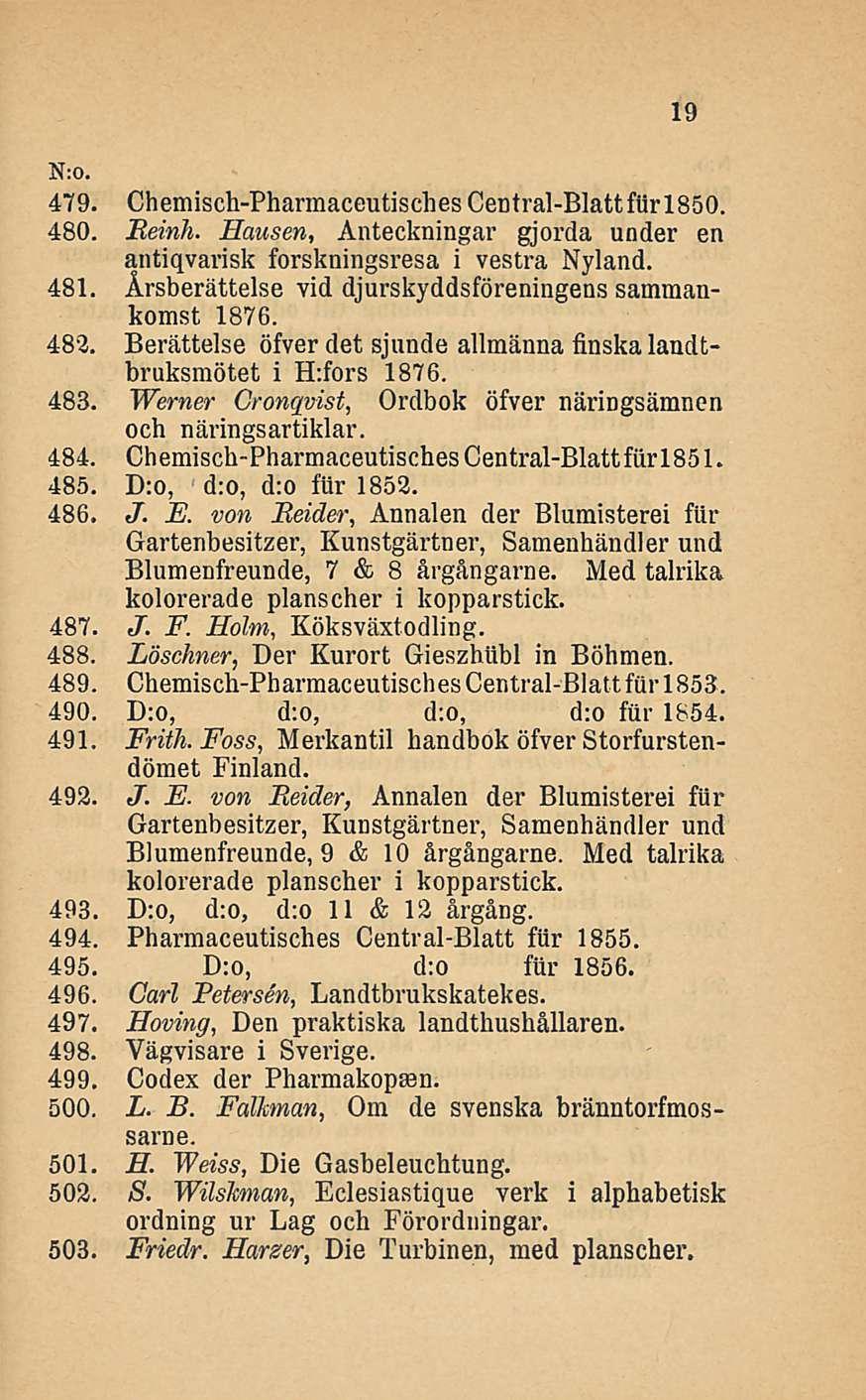 N:0. 479. Chemisch-Phannaceutisches Central-Blattfiir 1850. 480. Reinh. Hansen, Auteckningar gjorda under en antiqvarisk forskningsresa i vestra Nyland. 481.