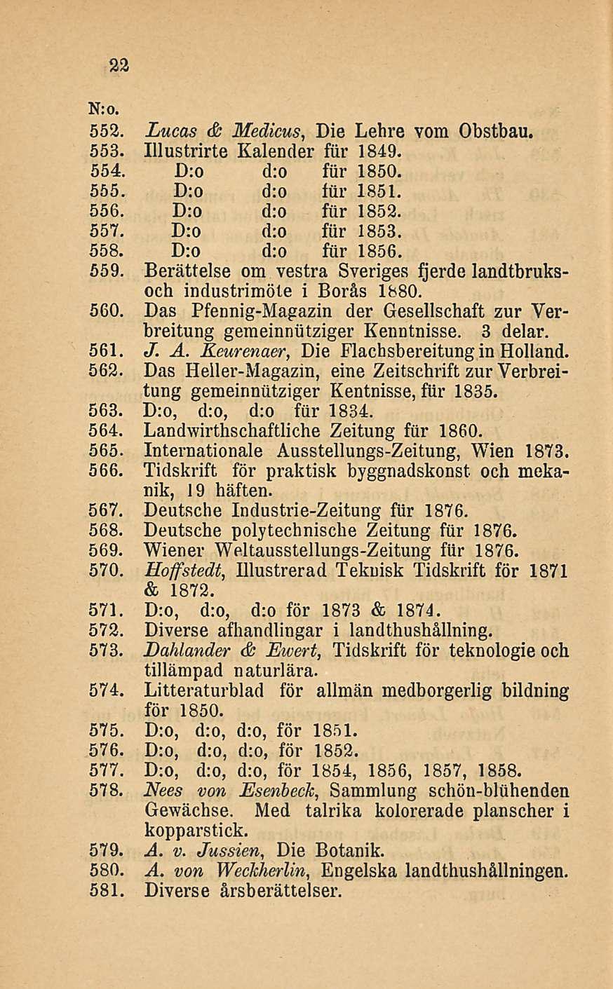 22 N: o. 552. Lucas & Medicus, Die Lehre vom Obstbau. 553. Illustrirte Kalender fur 1849. 554. D:o d:o fur 1850. 555. D;o d:o fur 1851. 556. D:o d:o fur 1852. 557. D:o d:o fiir 1853. 558.