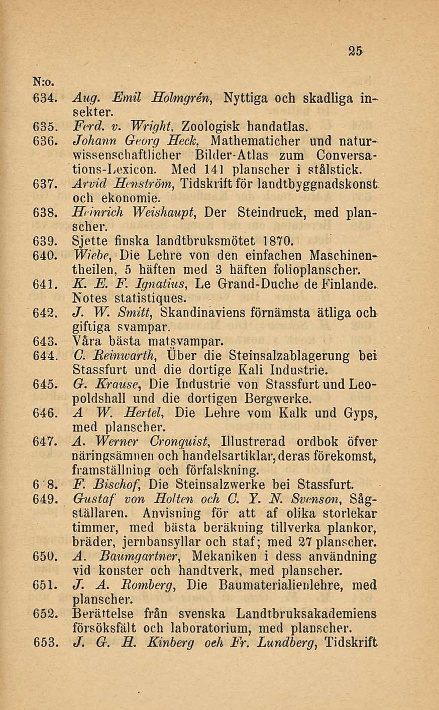 25 634. Aug. Emil Holmgren, Nyttiga och skadliga insekter. 635. Fird. v. Wright. Zoologisk handatlas. 636.