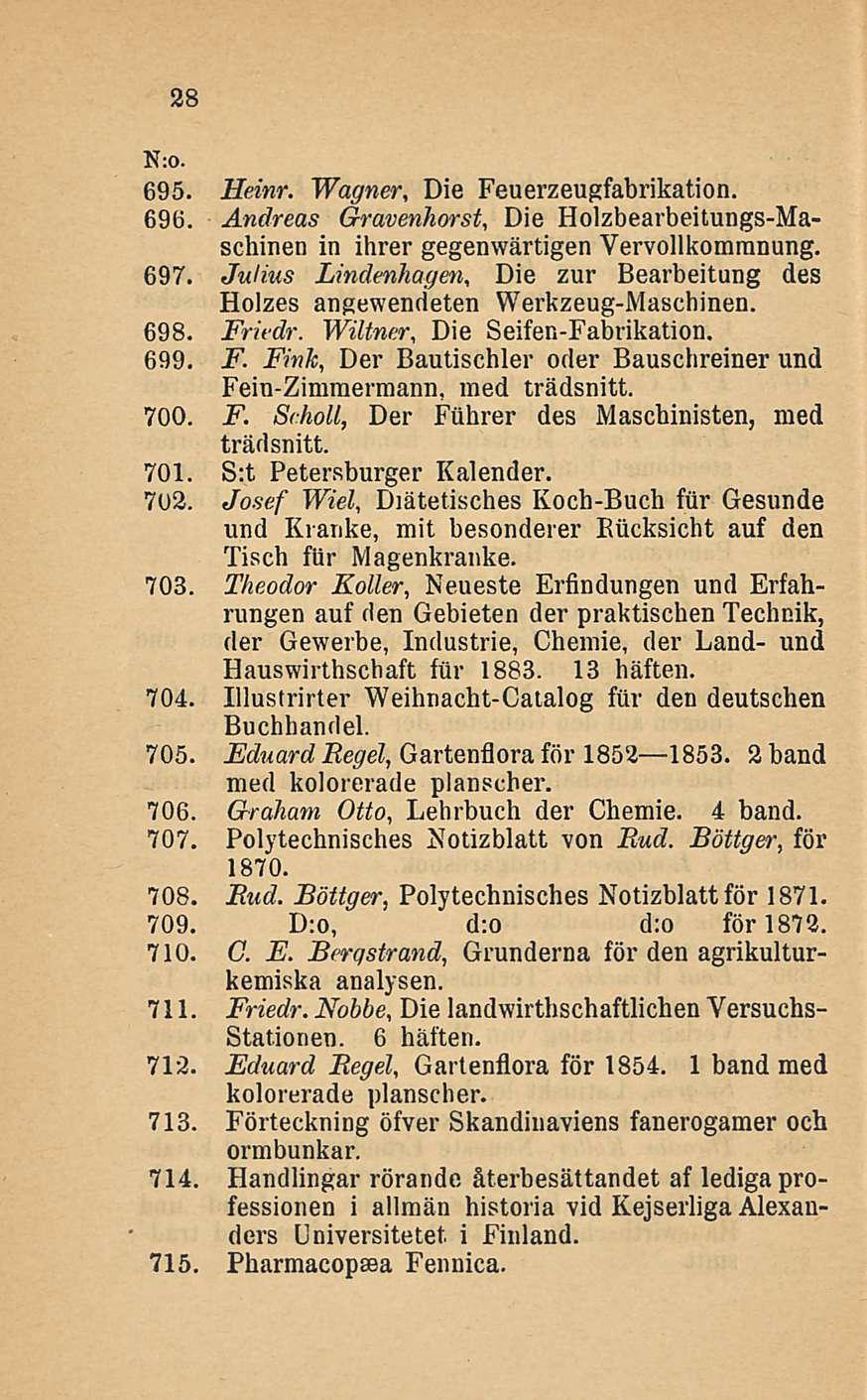 28 695. Heinr. Wagner, Die Feuerzeugfabrikation. 696. Andreas Gravenhorst, Die Holzbearbeitungs-Maschinen in ihrer gegenwärtigen Vervollkomranung. 697.