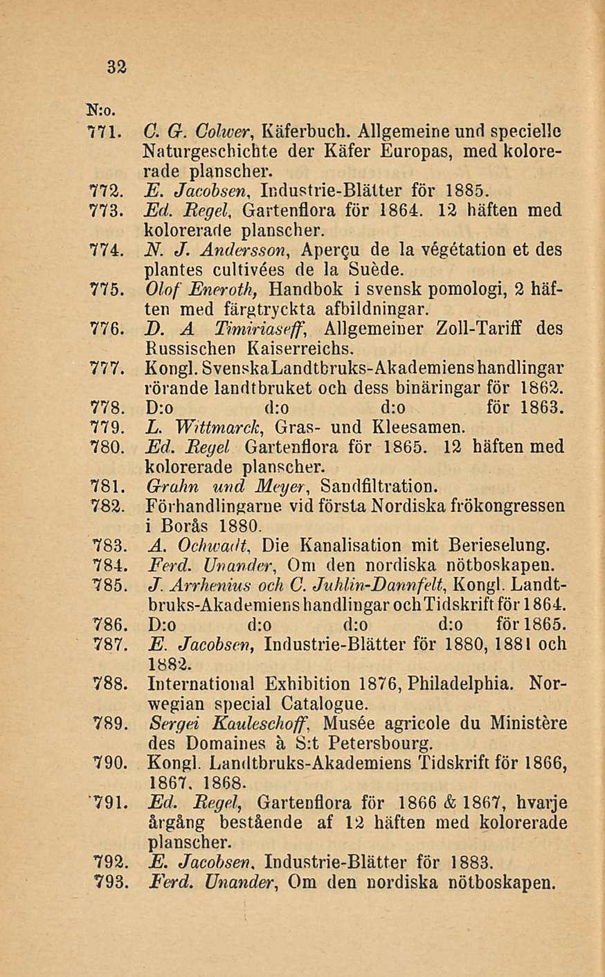 Die 32 771. G. G. Colwer, Käferbuch. Allgemeine und speciellc Naturgeschichte der Käfer Europas, med kolorerade planscher. 773. E. Jacobsen. Industrie-Blälter för 1885. 773. Ed. Hegel.