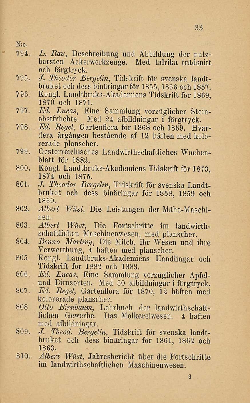 794. L. Eau, Beschreibung und Abbildung der nutzbarsten Ackerwerkzeuge. Med talrika trädsnitt och färgtryck. 795. J.