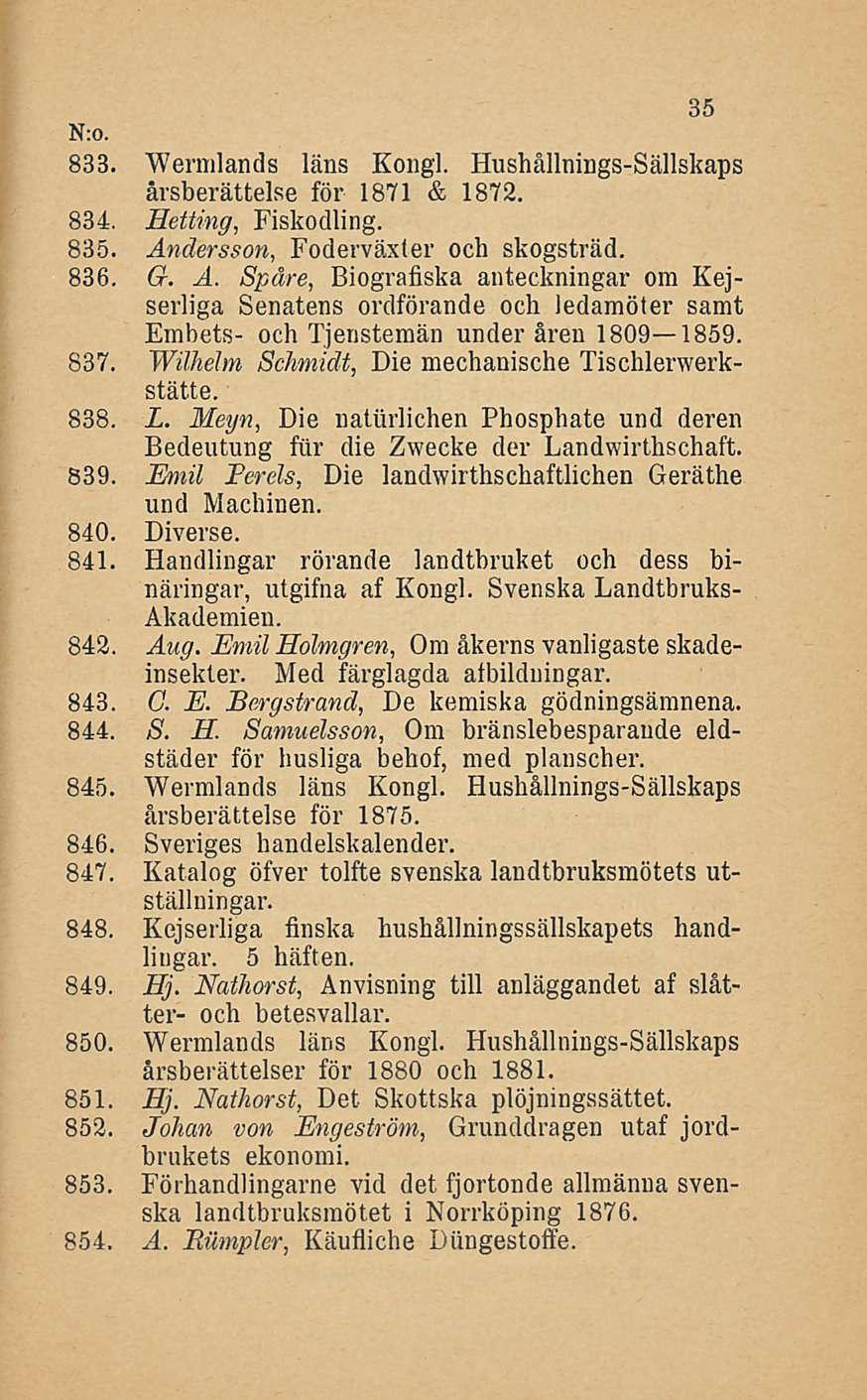 35 833. Wermlands läns Kongi. Hushållnings-Sällskaps åvsberättelse för 1871 & 1872. 834. Eetting, Fiskodling. 835. An