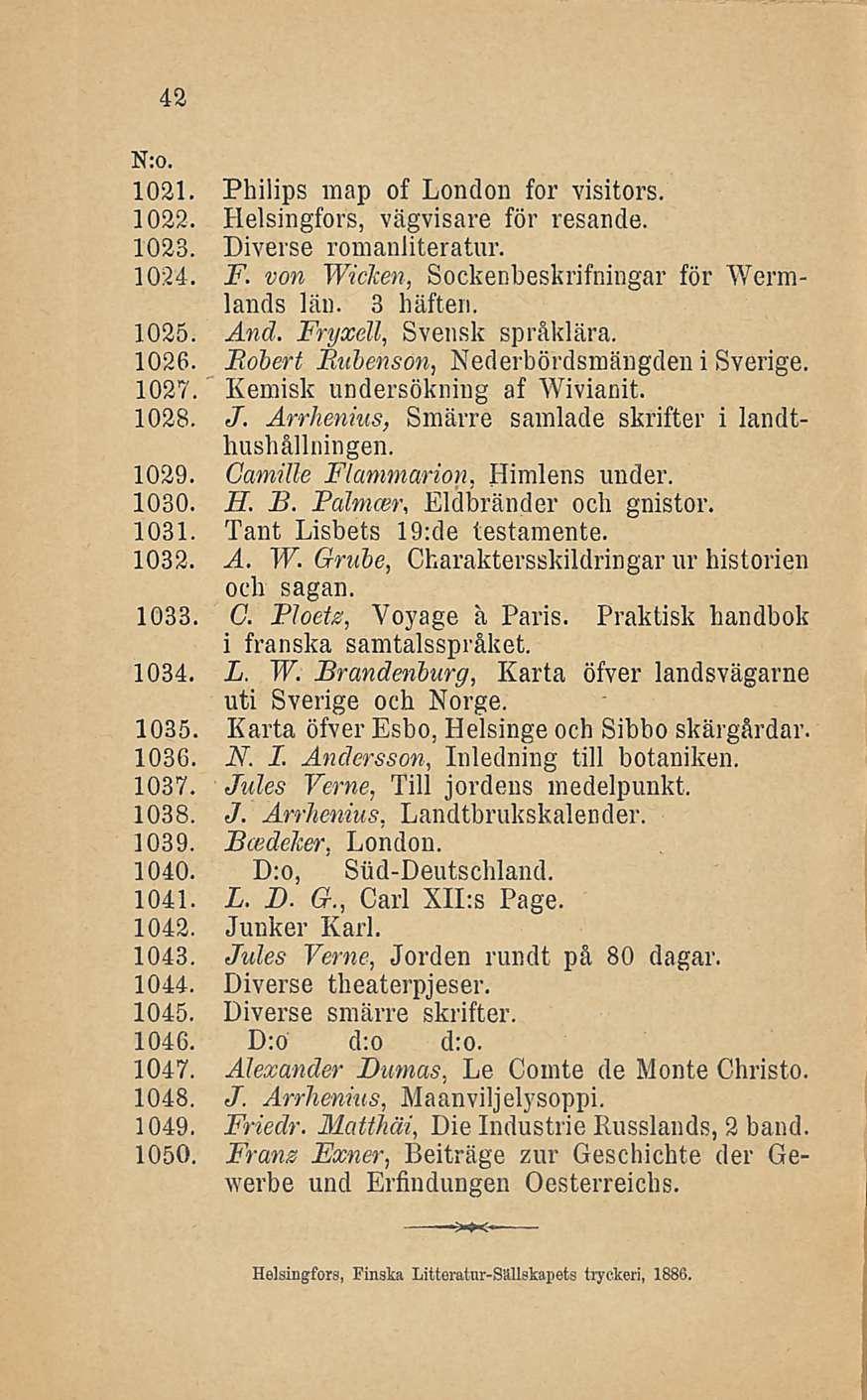 42 1021. Philips map of London for visitors. 1022. Helsingfors, vägvisare för resande. 1023. Diverse romanliteratur. 1024. F. von Wicken, Sockenbeskrifningar för Wermlands län. 3 häften. 1025. And.