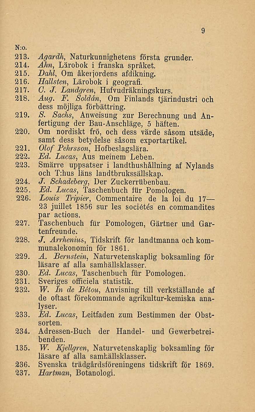 213. Ägardh, Naturkunnighetens första grunder. 214. Ahn, Lärobok i franska språket. 215. Dahl, Om åkerjordens afdikning. 216. Hälisten, Lärobok i geografi. 217. G. J. Lundgren, Hufvudräkningskurs.