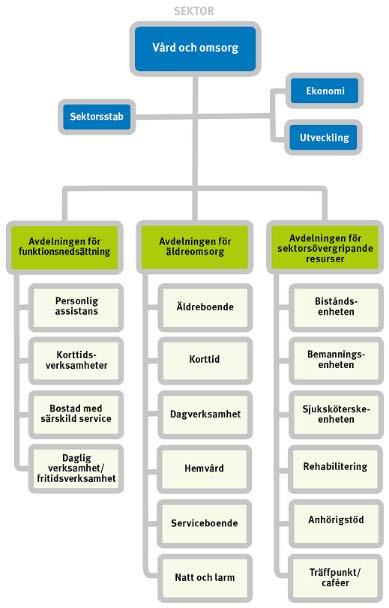 2 Verksamhetsidé, ansvarsområde och organisation Sektorn vård- och omsorg ansvarar för: att utföra kommunens uppgifter inom socialtjänsten inom områdena omsorg om äldre människor och människor med