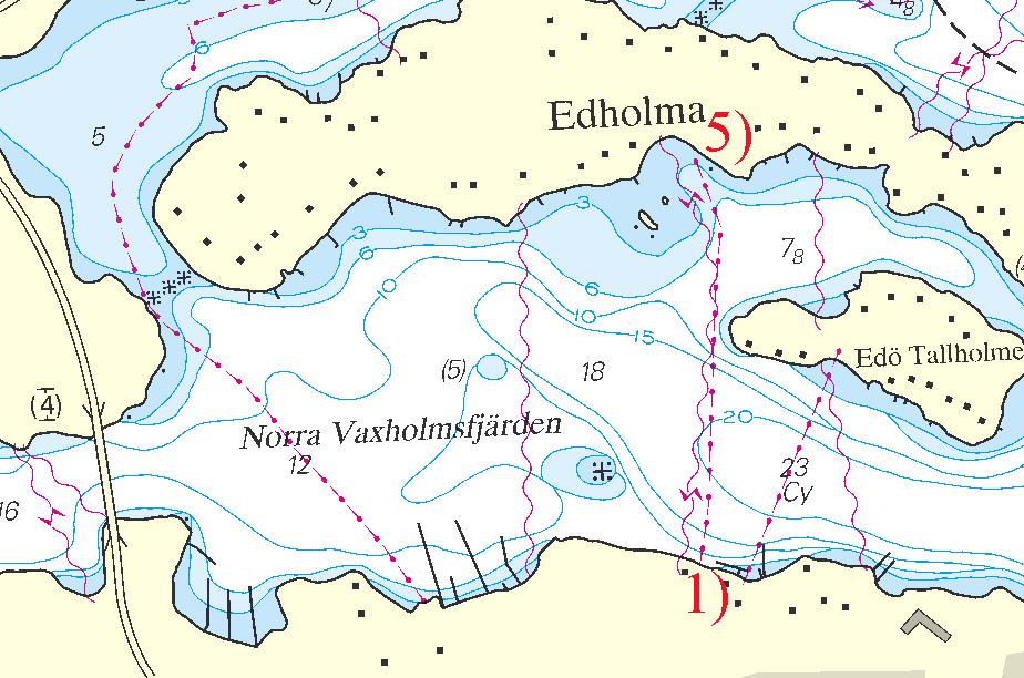 Nr 217 8 * 4984 Sjökort/Chart: 6142 Sverige. Norra Östersjön. Vaxholm. Norra Vaxholmsfjärden. Rörledning utlagd. En rörledning är utlagd mellan Vaxholm och Edholma enligt nedan.