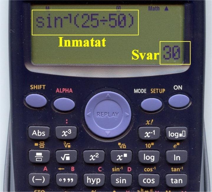 3 Miniräknare ( Sidor och Vinklar ) Vinkel Given: Detta fall är det enklaste: Exempel: Y=R*sin α α=30º och R=50 ger: Tryck: 5 0 * sin ( 3 0 ) = Y=25mm Svar: Vinkel Söks: Nu blir det lite bökigare: