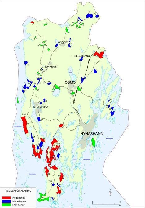 Avgränsning Prioritering enligt Nynäshamns kommun VA-plan: Områden med högst behov enligt Behovsanalysen 2011 Områden som ligger nära de vatten som klassats