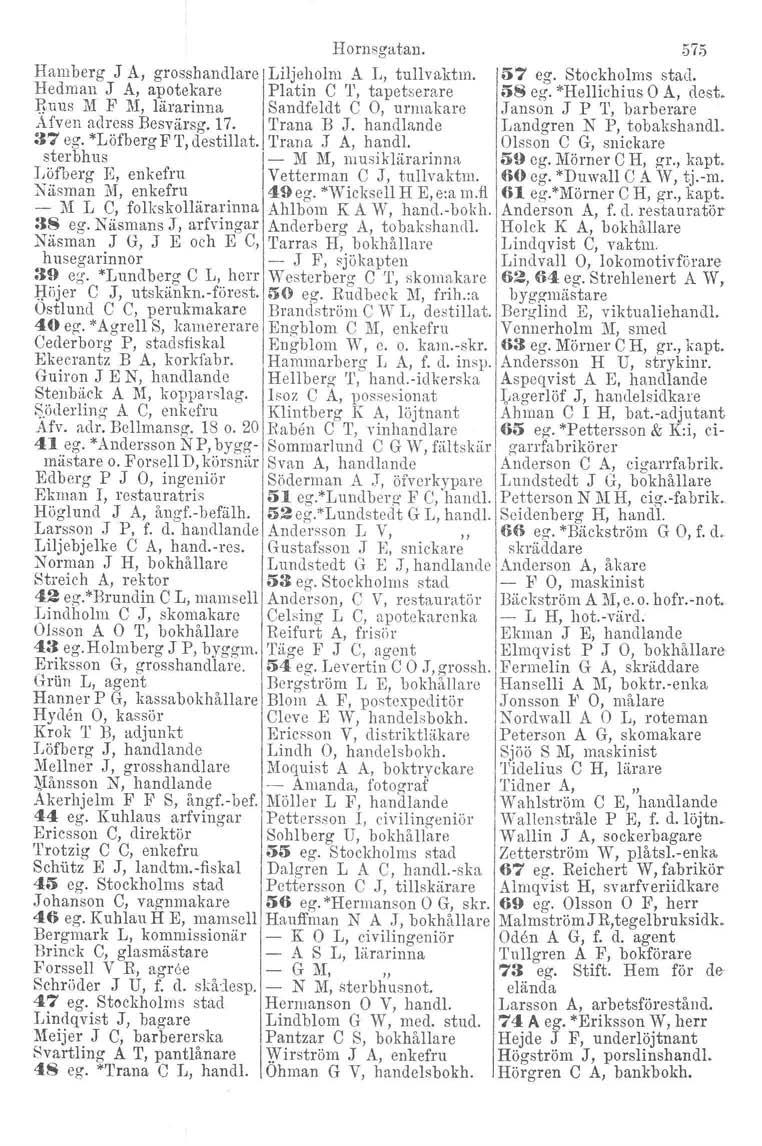 Hornsgatan. 575 Hamberg J A, grosshandlare Liljeholm A L, tullvaktm. 57 ego Stockholms stad.