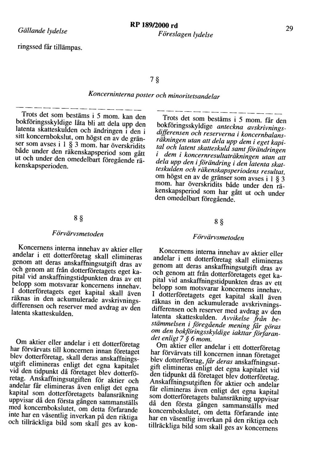 Gällande lydelse RP 189/2000 rd 29 Föreslagen lydelse ringssed får tillämpas. 7 Koncerninterna poster och minoritetsandelar Trots det som bestäms i 5 mom.