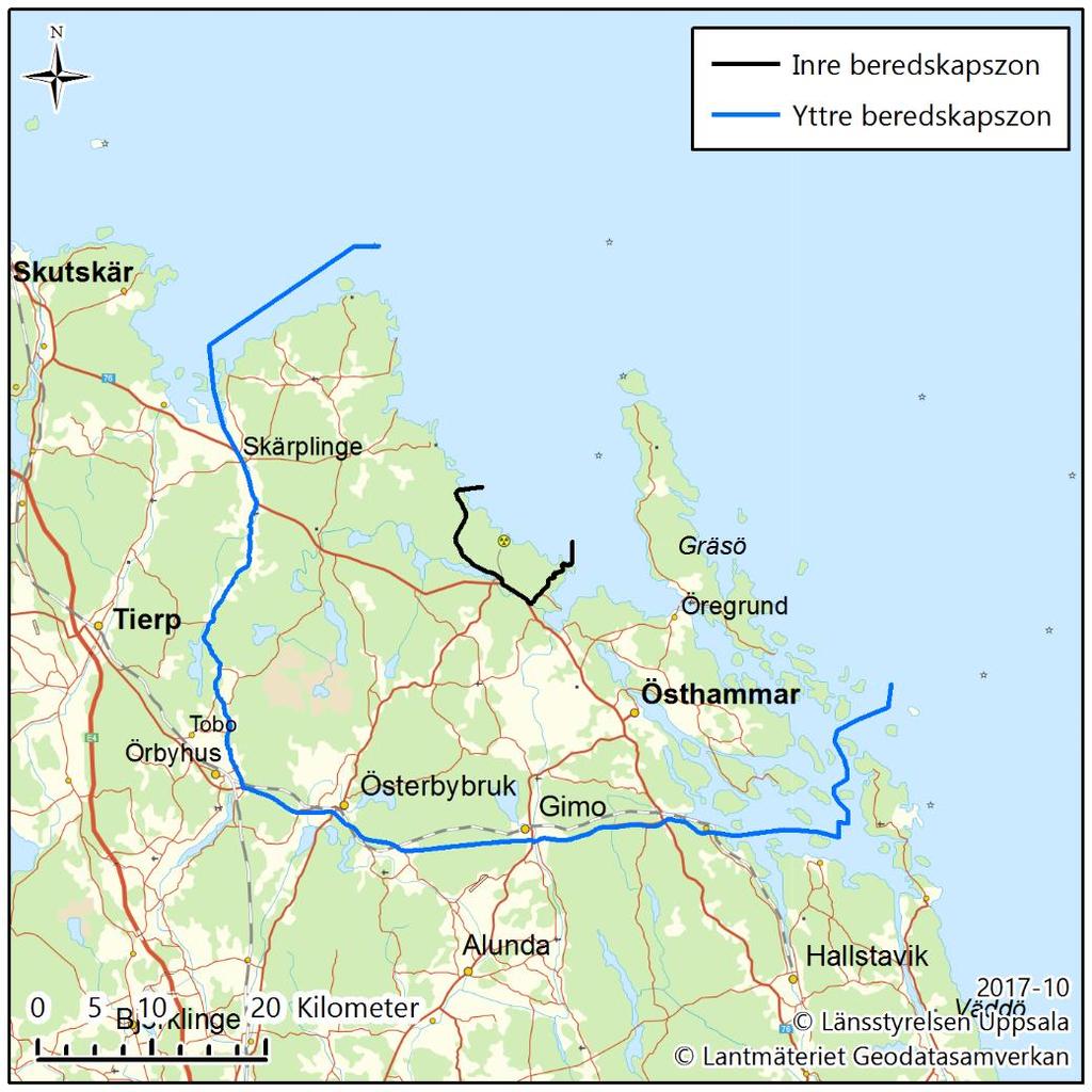 Gränsen för yttre beredskapszonen följer också vägar. Utgångspunkten är att samhällen som ligger utmed vägarna ingår i zonen oavsett vilken sida om vägarna som samhällena är belägna.