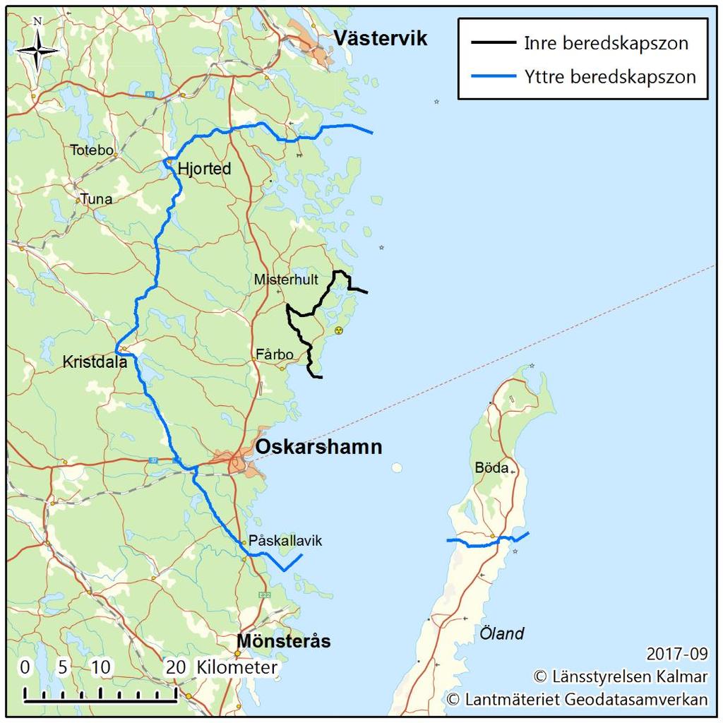 Gränsen för yttre beredskapszonen följer också vägar. Utgångspunkten är att samhällen som ligger utmed vägarna ingår i zonen oavsett vilken sida om vägarna som samhällena är belägna.