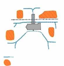 Figur 5-3 På denna översikt av Uppsala nya resecentrum syns cykelparkeringar strategiskt placerade nära plattformarnas entréer från öster, väster och söder.