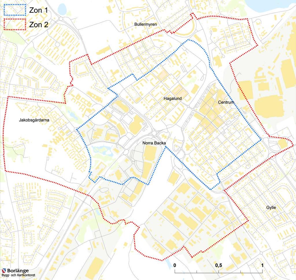 Figur 1. Borlänge kommuns zonkarta Zonerna är uppdelade utifrån dagens förutsättningar. Beroende på hur kommunen utvecklas kan det i framtiden finnas behov av att använda en annan zonindelning. 3.1. Zon 1 Centrum Zon 1 utgörs av centrumkärnan samt av centrumnära områden som Kupolen och Norra Backa.