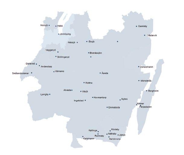 Från Resvaneundersökningen 2012 som visar de största resflöden mellan orter i sydöstra Sverige Tranås Aneby Vimmerby Hultsfred Gnosjö Vetlanda Hillerstorp Lammhult Moheda Braås Lagan Vislanda Lessebo