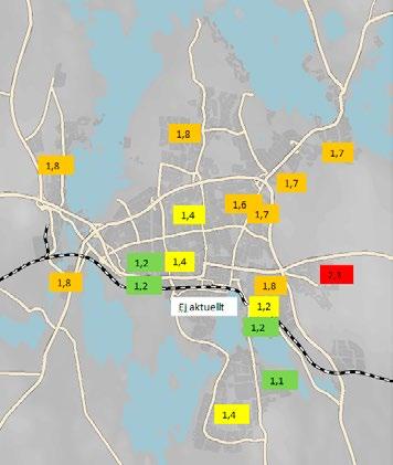 Karta och tabell som visar kollektivtrafikrestid jämfört med bilrestid till Växjö centrum räknat dörr till dörr.