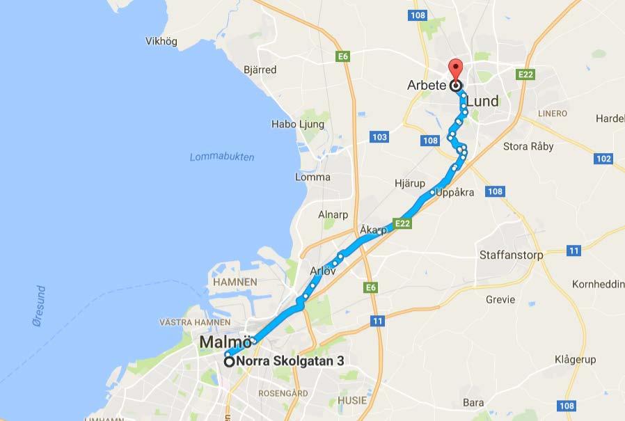 EXEMPEL PENDLA LUND MALMÖ 2*20 KILOMETER DÖRR TILL DÖRR MED BIL: 30 MINUTER, varav 4